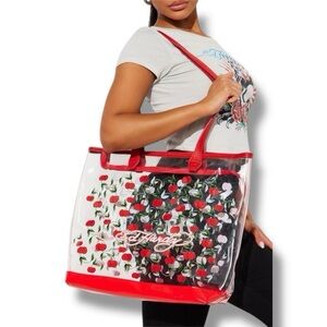 NEW Ed Hardy Red Cherries Clear Transparent Zip Top PVC Tote Bag